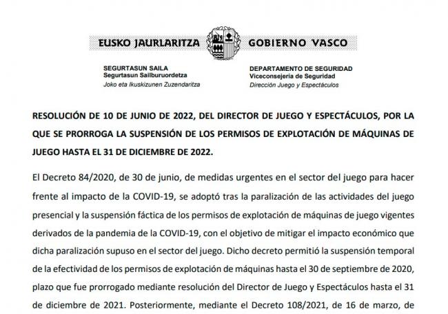 País Vasco: Prorrogada la suspensión de los permisos de explotación de máquinas hasta el 31 de diciembre de 2022