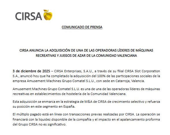 CIRSA anuncia la adquisición del Grupo Comatel