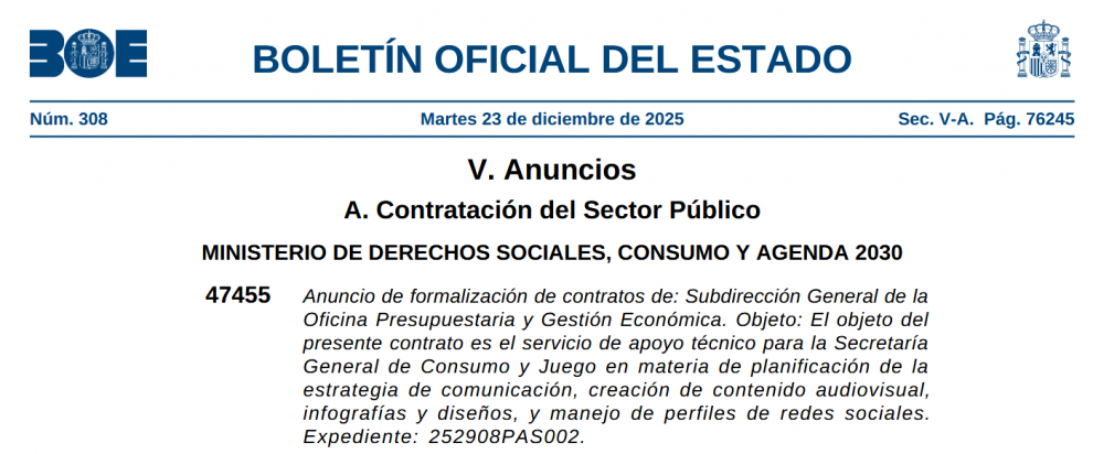 El Ministerio de Consumo formaliza un contrato para reforzar su comunicación en juego