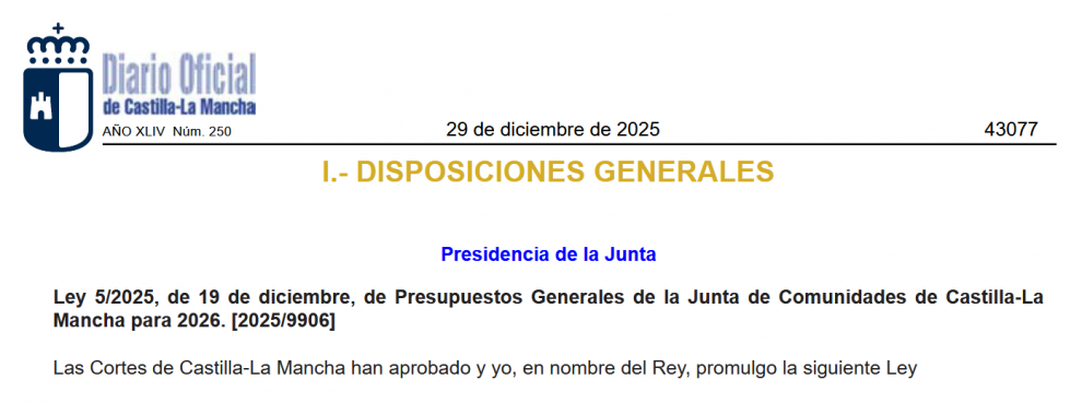 El DOCM publica la Ley de Presupuestos 2026: Castilla-La Mancha prevé 4,45 millones por el impuesto