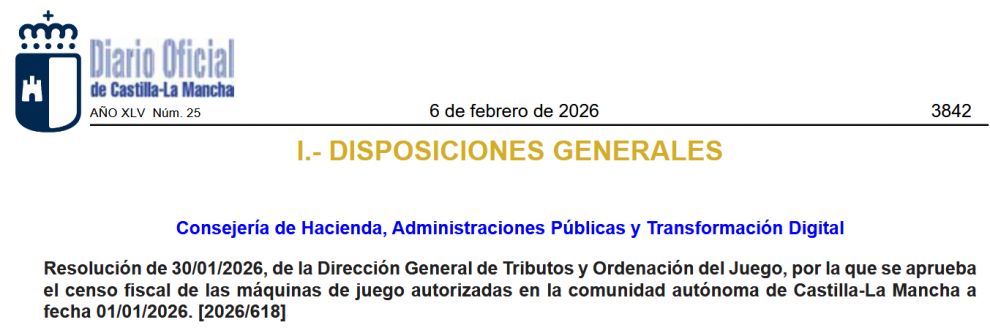 Castilla-La Mancha aprueba el censo fiscal de las máquinas de juego autorizadas a 1 de enero de 2026