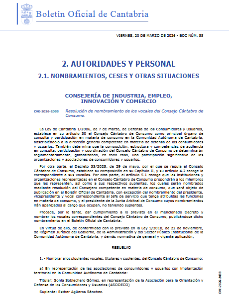 Cantabria da entrada al área de Juego en su Consejo de Consumo