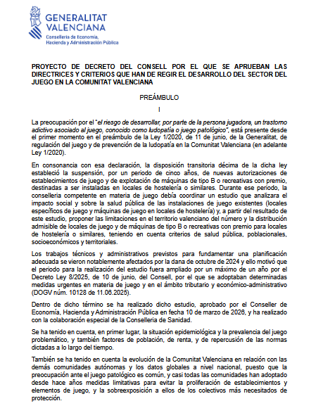 El proyecto valenciano del juego blinda el freno a nuevas aperturas de salones, bingos y máquinas B en hostelería