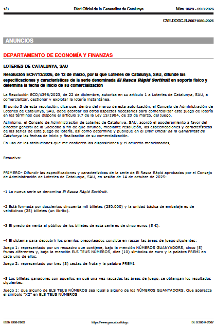 Loteries de Catalunya lanzará el Rasca Ràpid Sortfruit el 24 de marzo con un premio máximo de 100.000 euros