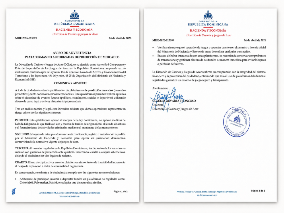Alerta en República Dominicana sobre plataformas no autorizadas de predicción de mercado