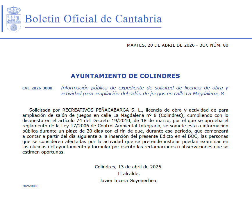 Colindres (CANTABRIA) somete a información pública la ampliación del salón de juegos de la calle La Magdalena