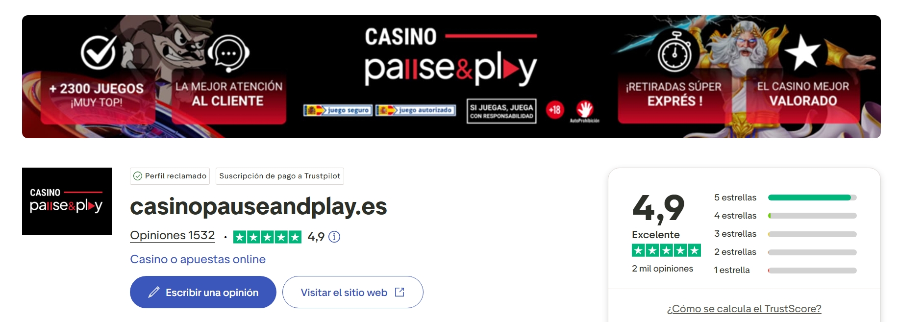 Grupo Vid destaca a Casino Pause&Play como el casino online mejor valorado de España en Trustpilot