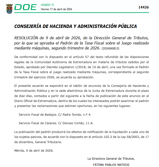 HOY EN EL DIARIO: Extremadura activa el padrón fiscal de las máquinas del segundo trimestre