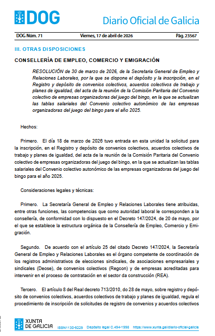 HOY EN EL DIARIO: Galicia publica la actualización salarial del convenio del bingo y fija el abono de atrasos hasta el 15 de abril