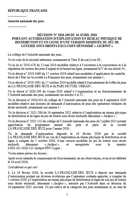 Francia autoriza una nueva versión del rasca Jackpot de FDJ y reduce del 71% al 70% la parte destinada a premios