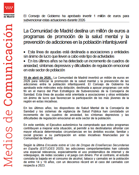 Madrid activa un millón para salud mental juvenil y pone el foco en internet, redes, videojuegos y juego con dinero