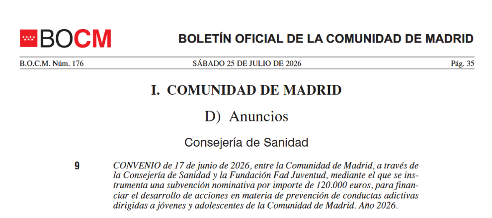 Madrid destina 120.000 euros a la Fundación Fad Juventud para prevenir conductas adictivas entre jóvenes, con el juego de apuestas online entre los riesgos señalados