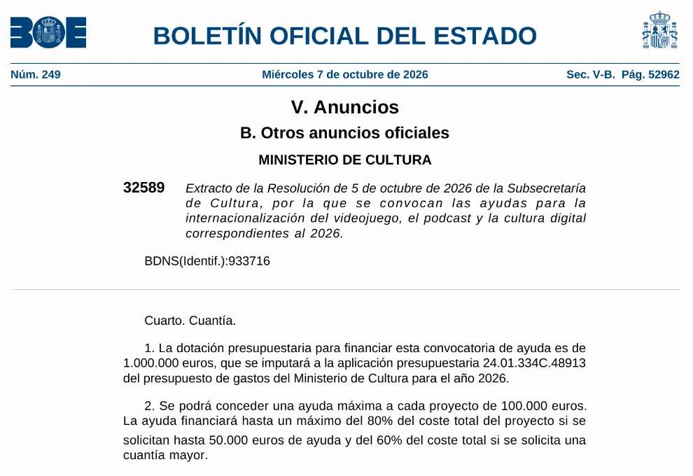HOY EN EL BOE: UN MILLÓN DE EUROS PARA VIDEOJUEGOS